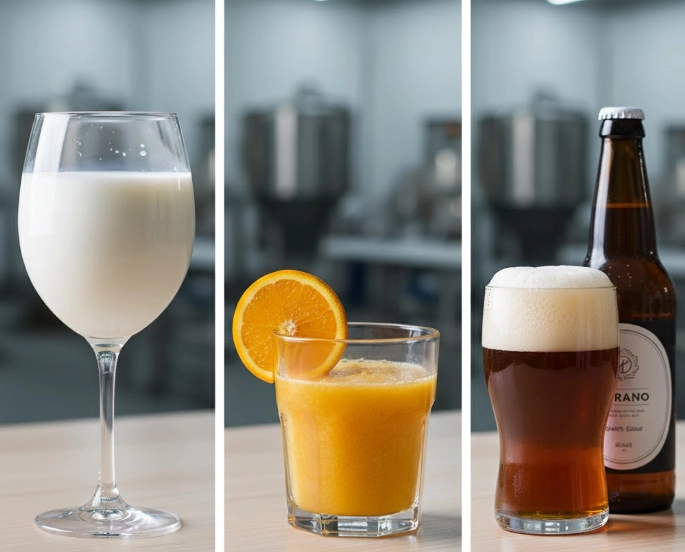 Various beverages processed by Grano equipment including milk, pulpy orange juice, and beer
